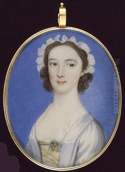 A Young Lady, Wearing White Dress With Lace Trim And Yellow Ribbons Across The Bodice, White Overdress And Lace Cap In Her Dark Curled Hair - view 1