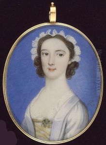 A Young Lady, Wearing White Dress With Lace Trim And Yellow Ribbons Across The Bodice, White Overdress And Lace Cap In Her Dark Curled Hair