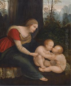 The Madonna Looking Over The Christ Child And The Infant Saint John The Baptist by Leonardo Da Vinci