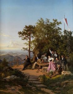 Lustige Gesellschaft Vor Tiefer Landschaft by Eduard Emil August Leonhardi