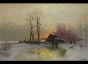 Winterlandschaft Mit Personen Vor Hutte by Curt Leopold