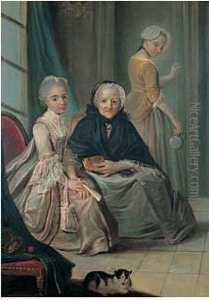 Deux Jeunes Filles Et Leur Grand-mere Dans Un Interieur - view 1
