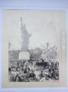 Inauguration Sur La Place De Etats-unis De La Statue De La Liberte Eclairant Le Monde 1885 ; [installation Du Telegraphe]. by Auguste Lepere