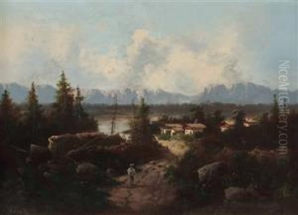 Bauernhauser In Idealisierter Alpenlandschaft - view 1