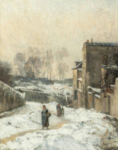 Figures In The Snow, La Rue Cortot, Montmartre by Stanislas Lepine