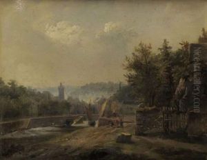 Paysage, Ville Et Riviere. by Auguste-Xavier Leprince