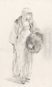 A Young Woman In Russian Costume, Holding A Large Fur Muff by Jean-Baptiste Le Prince