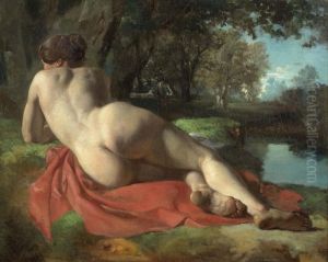 Liegender Akt Auf Roter Decke Im Grunen. 1847. by Henri Louis Lerohe
