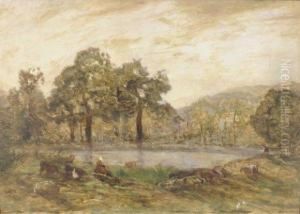 Bergere Et Son Troupeauau Bord De L'etang by Charles Leroux