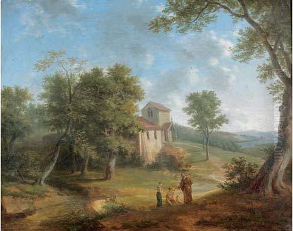 Deux Personnages Rencontrant Un Ermite Dans Un Paysage Montagneux - view 1
