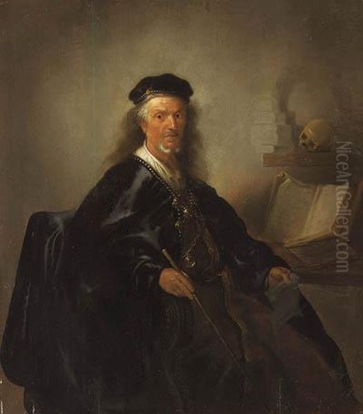 Portrait Of A Mathematician, Seated Three-quarter-length, In Ablack Cloak, Holding A Stick And A Piece Of Paper, A Book Ofgeometry Beside Him - view 1
