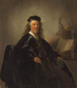 Portrait Of A Mathematician, Seated Three-quarter-length, In Ablack Cloak, Holding A Stick And A Piece Of Paper, A Book Ofgeometry Beside Him