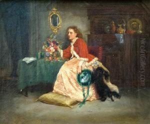 Lady Seated In An Interior By A Vase Of Flowers And Holding A Green Hat by Charles Robert Leslie