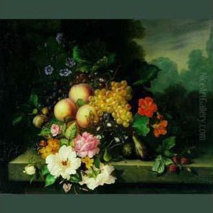Nature Morte De Fruits Et Fleurs Disposes Sur Un Entablement