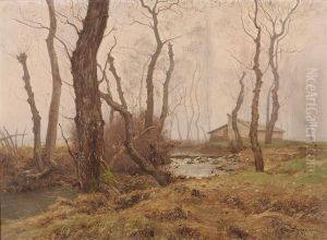 Brume D'automne, Femme Au Bord De La Riviere by Theodore Lespinasse