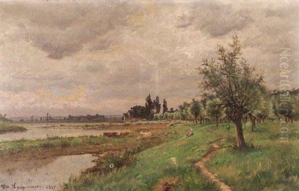Bergere Et Son Troupeau Au Bord De La Riviere - view 1