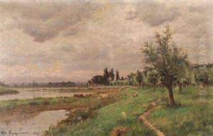 Bergere Et Son Troupeau Au Bord De La Riviere