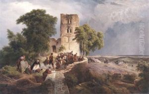 An Extensive Landscape With Soldiers By A Ruined Tower Awaiting Anattack