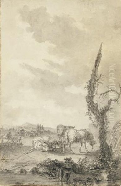 Des Moutons Dans Un Paturage, Un Village A L'arriere-plan - view 1