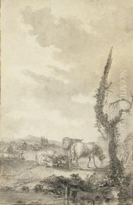 Des Moutons Dans Un Paturage, Un Village A L'arriere-plan by Louis Lesueur