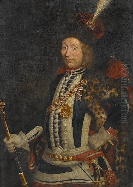 Portrait Of A Nobleman, Three-quarter-length, In Blue And White Costume With A Fur Wrap, A Plumed Hat And A Medallion Depicting King Louis Xiv, And Holding A Marshall's Baton - view 1