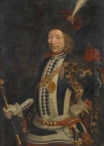 Portrait Of A Nobleman, Three-quarter-length, In Blue And White Costume With A Fur Wrap, A Plumed Hat And A Medallion Depicting King Louis Xiv, And Holding A Marshall's Baton Portrait Of A Nobleman, Three-quarter-length, In Blue And White Costume With A Fur Wrap, A Plumed Hat And A Medallion Depicting King Louis Xiv, And Holding A Marshall's Baton