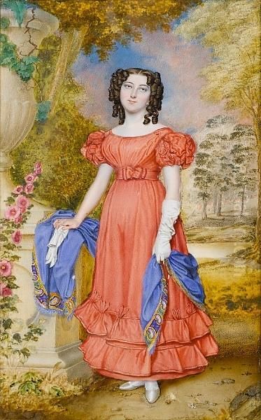 A Lady, Full-length, Wearing Salmon-coloured Dress With Puffed Sleeves And Flounced Skirt, Ivory Satin Slippers, A Blue Shawl With Yellow And Green Border Around Her Waist, Her Long Brown Hair Worn In Ringlets, A White Elbow-length Glove On Her Left Hand - view 1