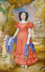 A Lady, Full-length, Wearing Salmon-coloured Dress With Puffed Sleeves And Flounced Skirt, Ivory Satin Slippers, A Blue Shawl With Yellow And Green Border Around Her Waist, Her Long Brown Hair Worn In Ringlets, A White Elbow-length Glove On Her Left Hand by Walter Stephens Lethbridge
