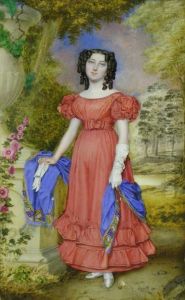 Portrait Of A Young Lady, Full Length, In A Red Dress, Standing By An Ornamental Urn In A Park by Walter Stephens Lethbridge