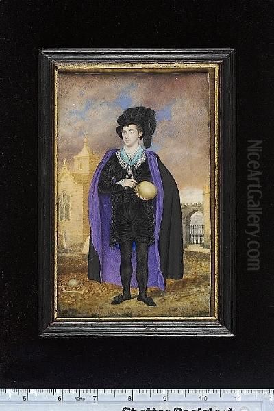 Mr. W.h. Simpson Of The Theatre Royal, Bristol, In The Character Of Hamlet, Standing Full Length, Wearing Elizabethan Style Costume, With The Order Of The White Elephant Suspended From A Ribbon Around His Neck, Holding A Skull, Architectural Background - view 1