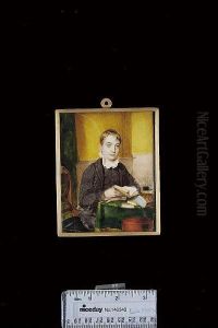 A Young Boy, Seated At A Table, A Book In His Hand, Further Books On The Table, Wearing Brown Suit With White, Frilled Collar, Interior Background (minor Restored Crack) by Walter Stephens Lethbridge
