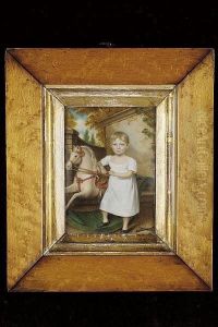 A Young Child, Wearing White Smock, Leaning On A Rocking Horse, A Whip At His Feet, Architecture And Landscape Background by Walter Stephens Lethbridge