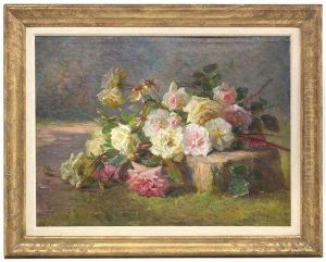 Still-life With White And Red Roses On A Pedestal by Louis Letsch