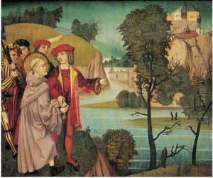 Seigneurs Rencontrant Un Saint Ermite Devant Une Forteresse