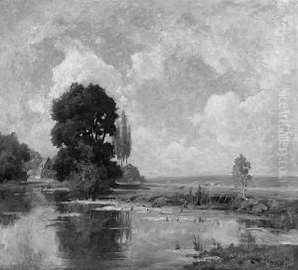"landschaft Mit Weiher". Sign. Oder Bez. Ol Auf Lwd. 86,5 X 96 Cm. Rahmen - view 1