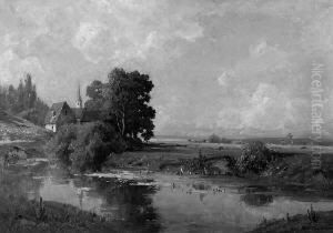 "sommerlandschaft Mit Kapelle ". Bez. Ol Auf Lwd. 70 X 100 Cm. Rahmen by Oskar Leu