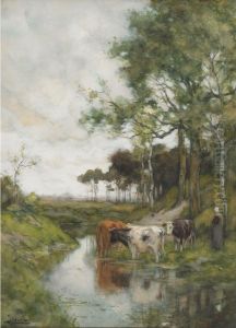 Cattle By Stream by Johannes Karel Leurs
