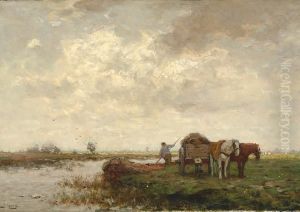 Landscape With A Farmer By A Canal With A Haycart by Johannes Karel Leurs