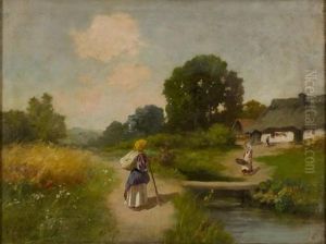 Sommerliche Landschaft Mit Bauerinnen Vor Reetgedecktem Haus by Petr Alekseevich Levchenko