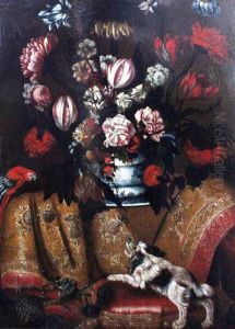 Still Life With Parrot And Spaniel, With Certificate Ofauthenticity Fromn Alain Latreille by Renaud Levieux