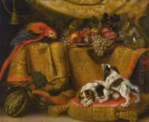 Nature Morte Avec Ara, Ecureuil Et Epagneuls Nains by Renaud Levieux