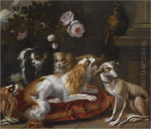 A Group Of King Charles Spaniels, A Whippet And A Parrot by Renaud Levieux