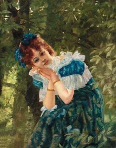 Madchen Mit Blauem Kleid Unter Baumen by Max Levis