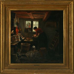 Kitchen Interior With Man Watching The Girl Throught The Window by Birgitte Levison