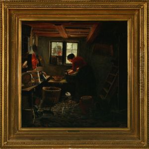 Kitchen Interiorwith Man Watching The Girl Throught The Window by Birgitte Levison