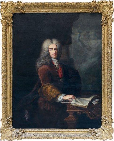 Portrait Presume De La Rochefoucauld Ason Bureau Dans Un Cadre En Bois Sculpte Et Dore, Travail Francaisdu Xviiie Siecle - view 1