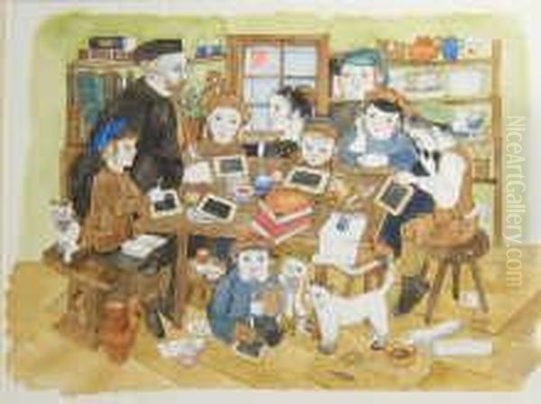 An Attractivewatercolour Of A Jewish School Room - view 1