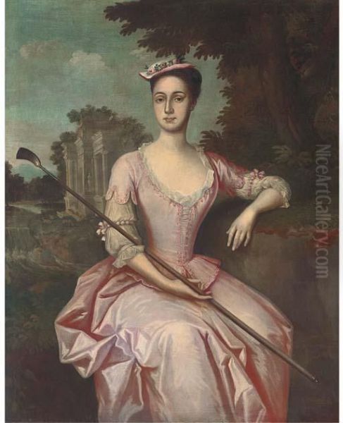 Portrait Of Mary Yeats, Of Ashton House, Beetham, Seatedthree-quarter-length, Wearing A Pink Dress And Holding A Crop Inher Right Hand, A Landscape With Classical Buildings And A Flock Ofsheep Beyond - view 1