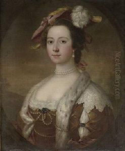 Portrait Of A Lady, Half Length, In A Gold Dress With A Lace Collar And Fur Trim And With A Dark Pink Plumed Hat, In A Painted Oval