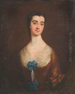 A Portrait Of A Lady Wearing A Gold Dress With White Lace Neck And Blue Bows